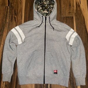 Gray Nike Men's Full Zip with White Stripes & Camo Lined Hoodie